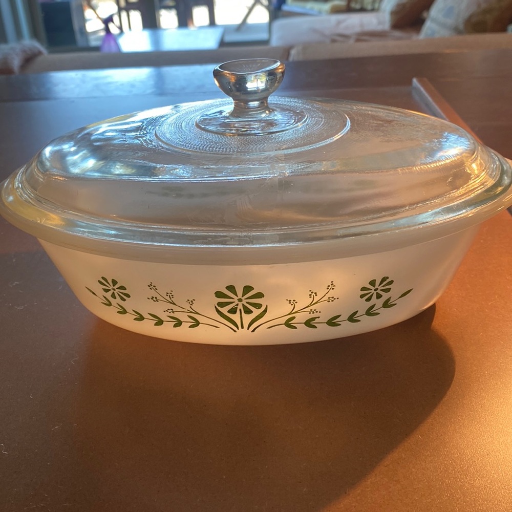 Small vintage milk glass casserole dish with lid